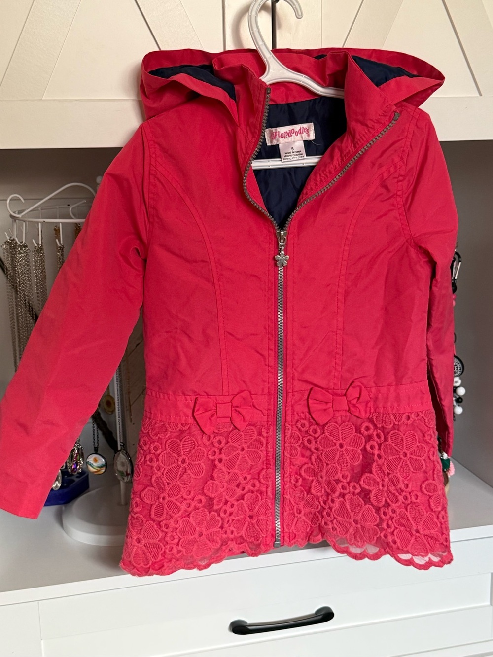 Flapdoodles Hot Pink Hooded Lace-Trim Everyday Coat